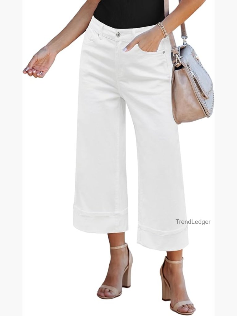 High Waisted Stretchy Denim Crop Jeans, Fold Hem Baggy Wide Leg With Pockets